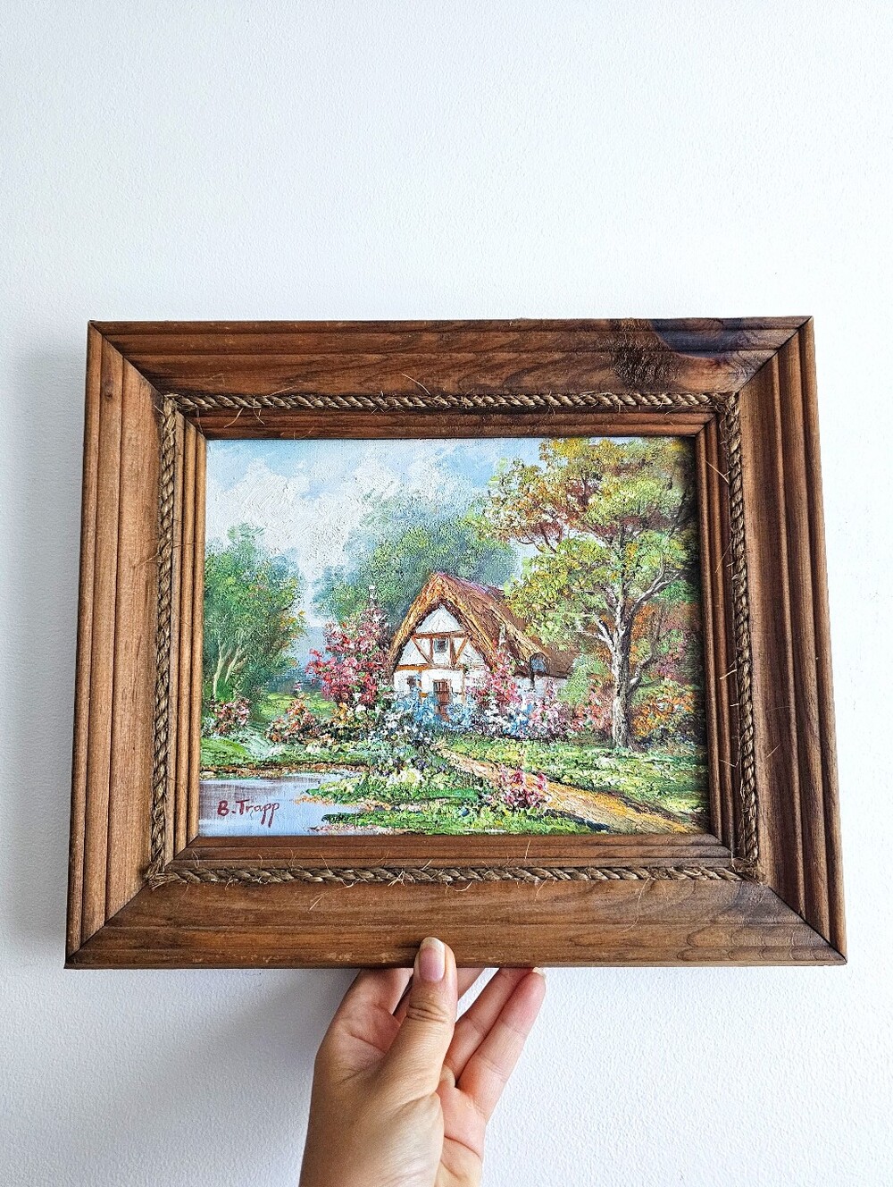 B. Trapp Signed Original Cottage Landscape Impasto Painting Wood Frame 12x13.5